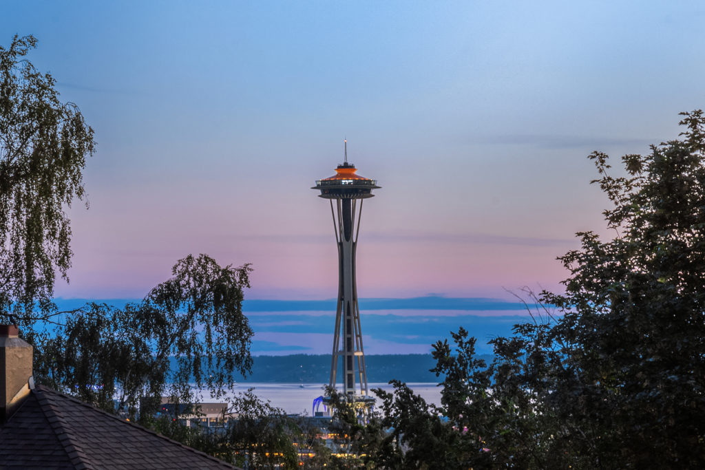 Twilight view of Space Needle from historic estate