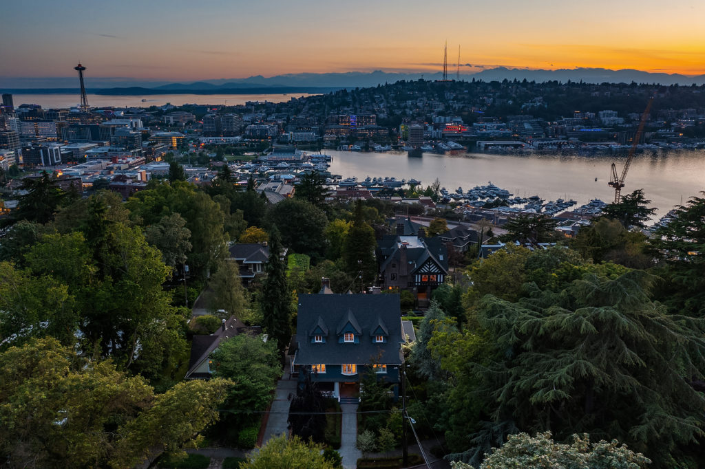 Aerial view of estate showing Seattle, Lake Union and Space Needle
