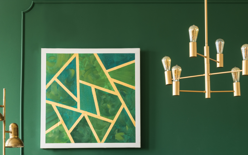 geometric green art in living room