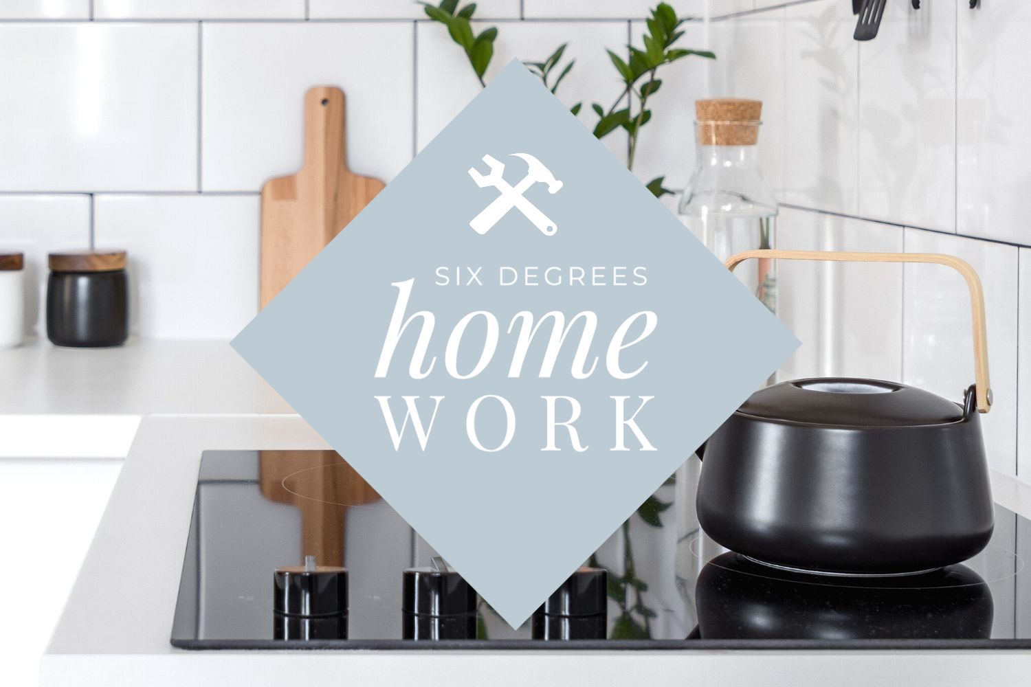 Homework blog graphic over kitchen photo