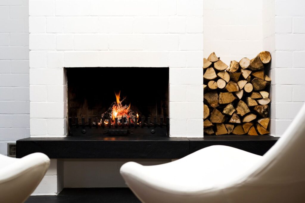 Wood-burning fireplace in a home