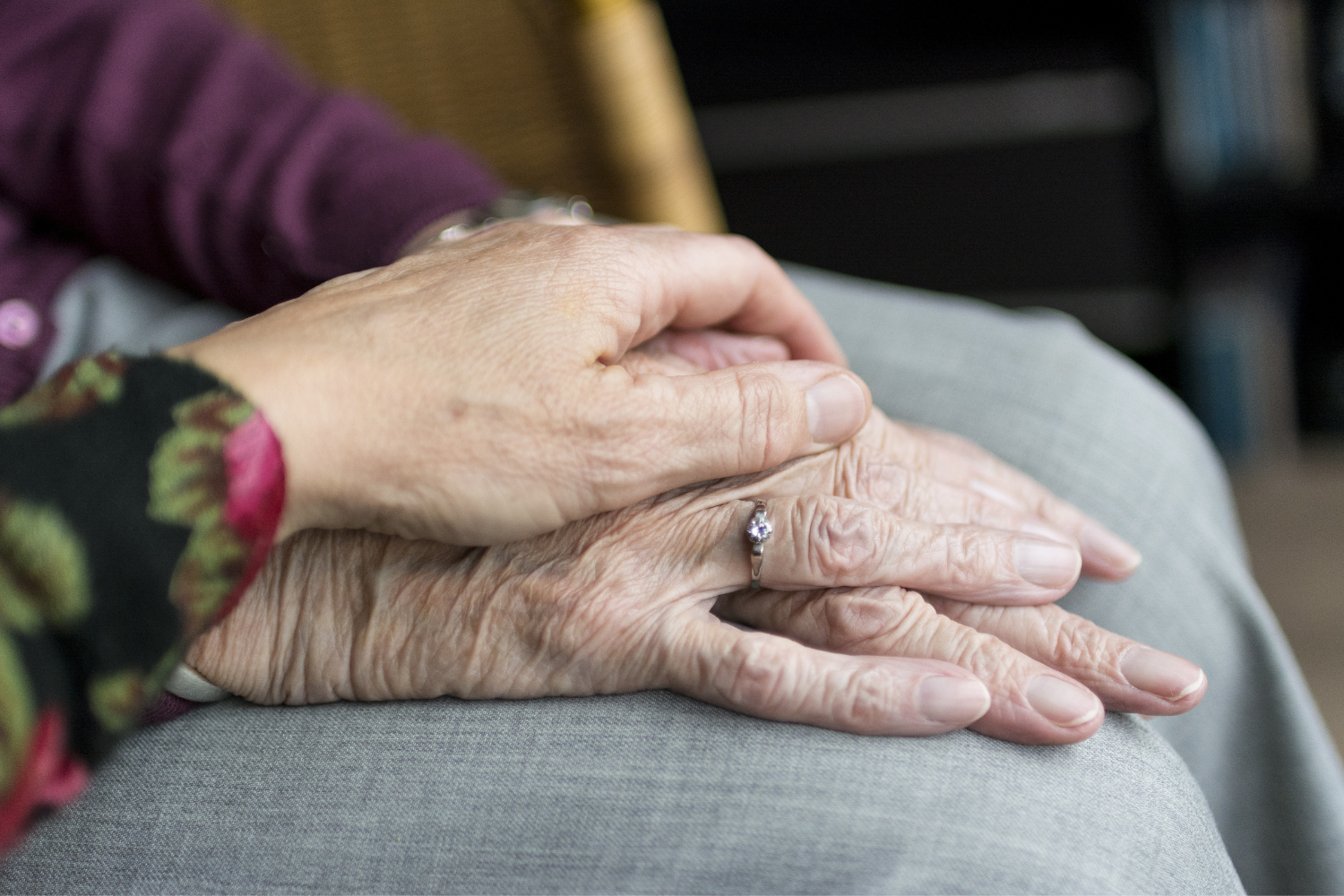 an adult's hand on top of an elderly person's hand