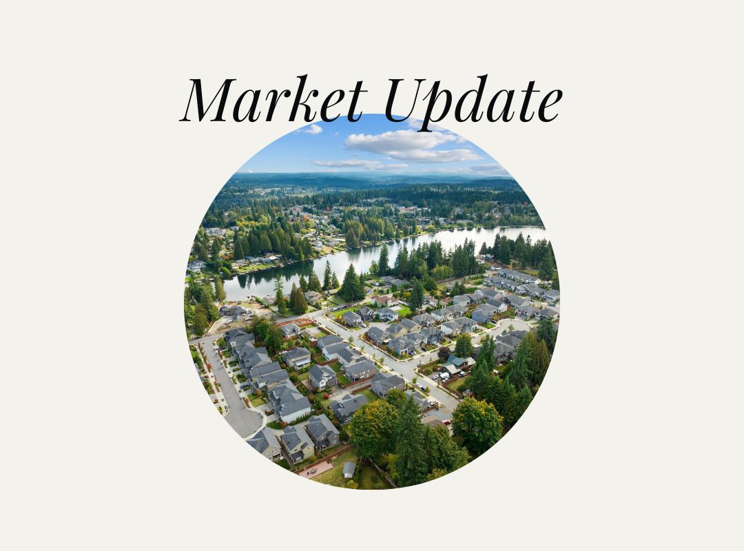 The phrase "Market Update" over a photo of suburban homes next to Martha Lake