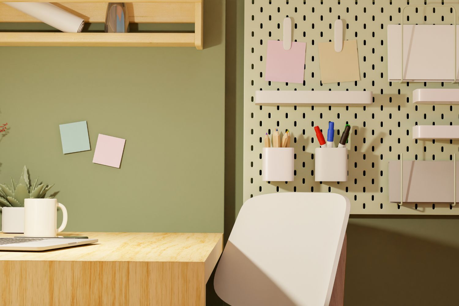 Desk with chair and peg board organizer